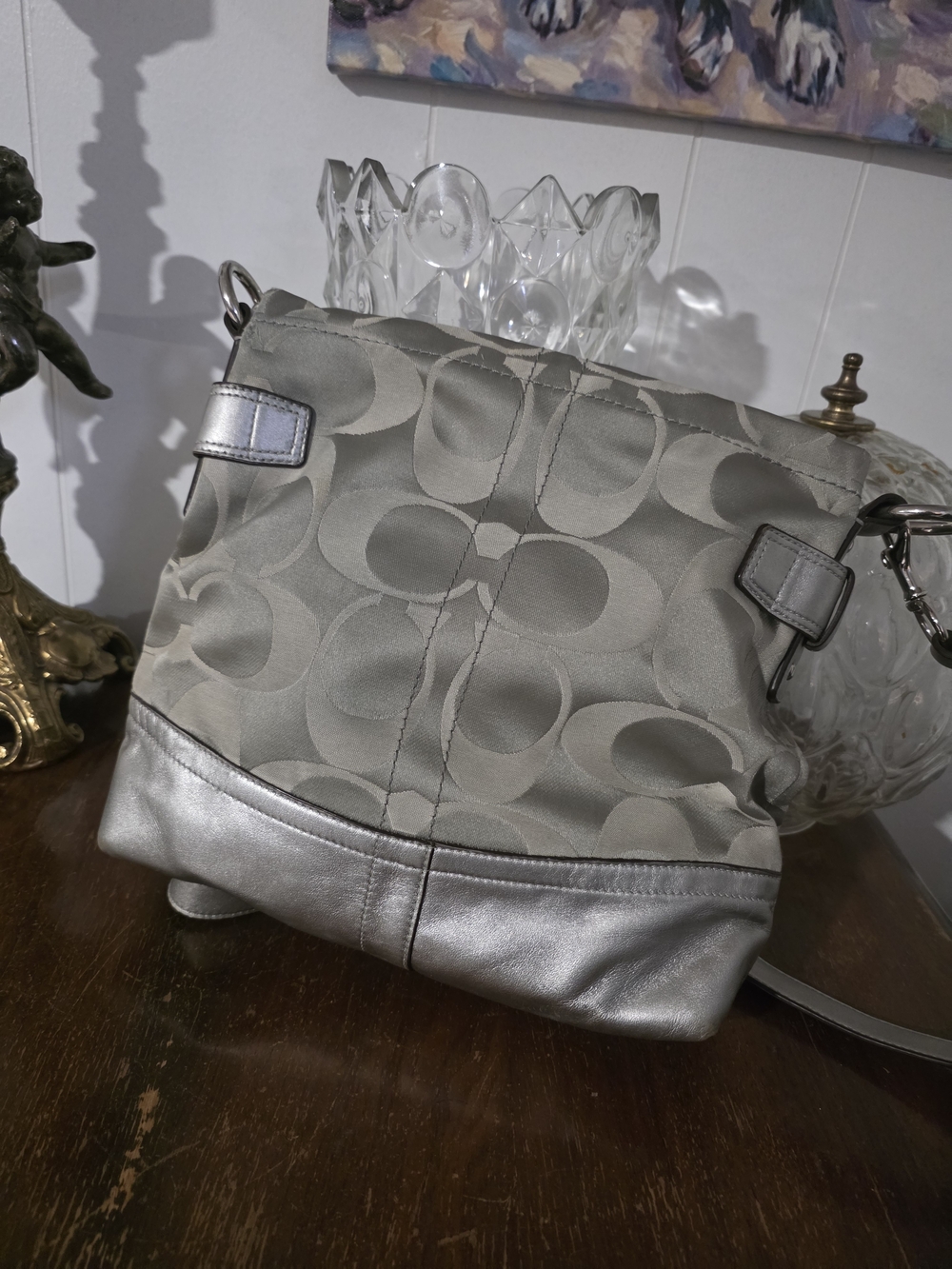 Coach Silver Signature Tote Bag with Chain Accent - Picture 5 of 14